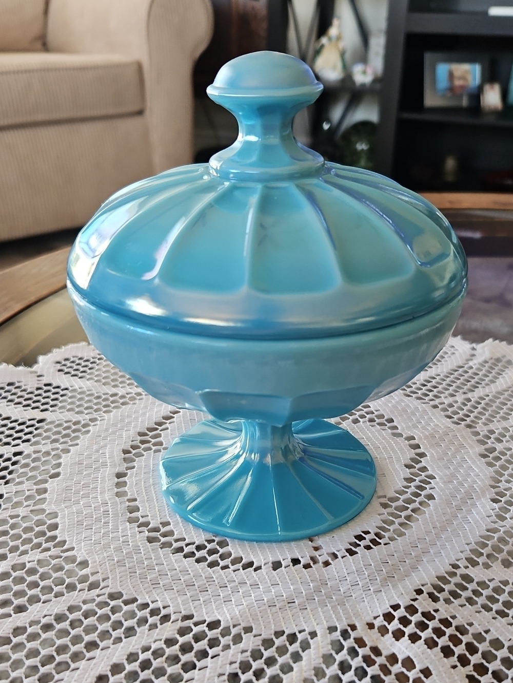Vintage Northwood Jade Blue Stretch Glass Lidded Candy Dish Compote